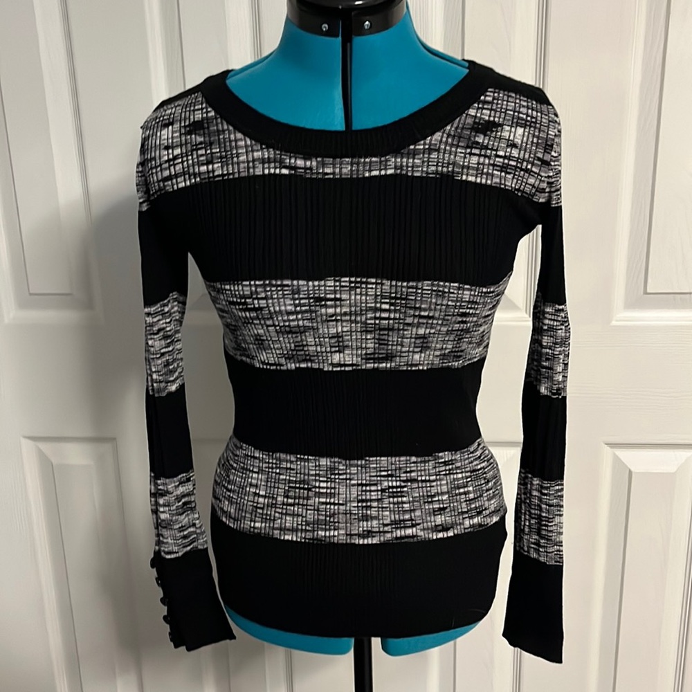 Pink Republic Black and Gray Striped Sweater, Form Fitting Sweater Casual